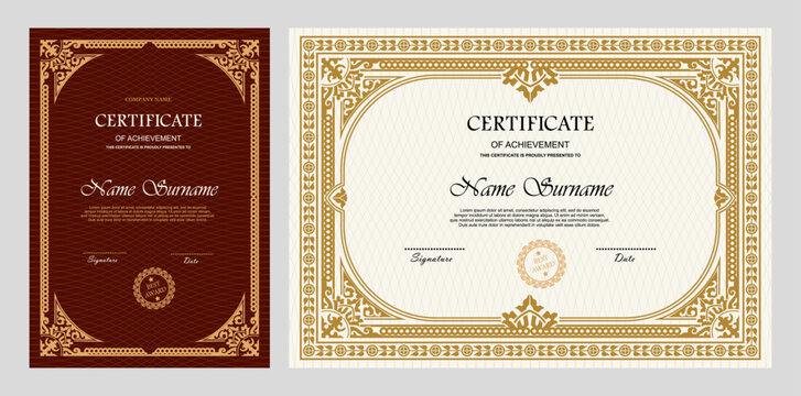 Vintage certificate of achievement template with horizontal, vertical layouts. Multipurpose retro design with ornate ornaments. Vector illustration for diploma, graduation, professional recognition