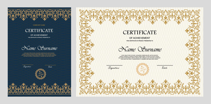 Vintage certificate of achievement template with horizontal, vertical layouts. Multipurpose retro design with ornate ornaments. Vector illustration for diploma, graduation, professional recognition