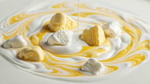 Creamy dairy liquid pouring over sweet dessert pieces in a swirling pattern