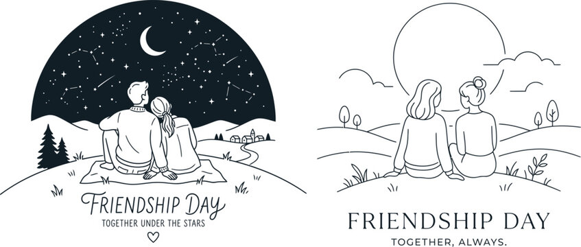 Celebrating friendship day couple silhouette under stars sun heartwarming friendship day graphics