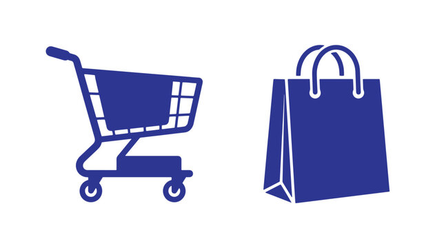 Blue silhouette icons of a supermarket shopping cart and a paper carry bag with shopping commerce silhouette consumer graphics isolated business purchase logistics