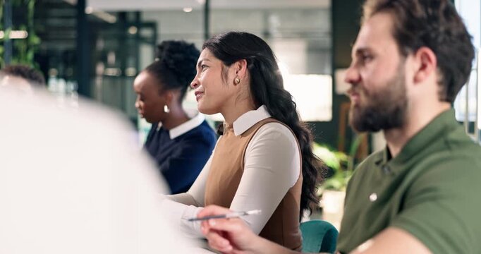 Business, training or woman in office with workshop, growth session or presentation on green plan. Flare, group or csr team with understanding, employee engagement or learning on ethical operation.