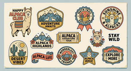 Naklejka premium Vintage alpaca and llama sticker collection featuring retro adventure badges, mountain landscapes, cactus desert scenes, and floral motifs in a muted 1970s color palette design.