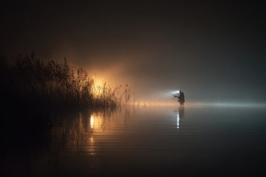 Fisherman Using Headlamp During Night Fishing