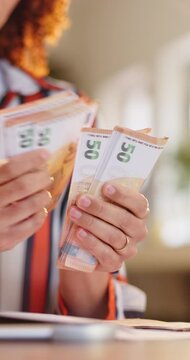 Woman, hands and counting with cash for finance, profit or budget planning for money or savings. Female person, accounting or checking paper bills for financial investment, increase or deductions