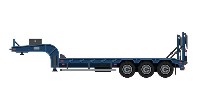 Side view of a blue low loader trailer with three axles and a gooseneck hitch against a plain white background.