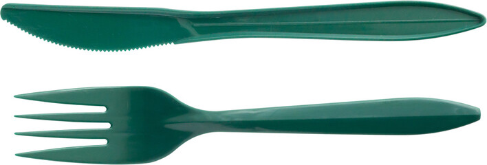 Obraz premium Green plastic fork and knife isolated on white background