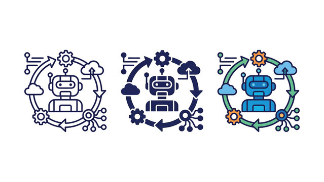 Three colorful circular diagrams showing robot automation and cloud connected technology workflows