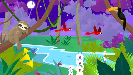 The jungle at night, with a starry sky and many animals, including parrots, a toucan, a hummingbird, and a sloth  © Isem