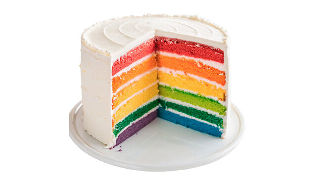 Whole multi colored rainbow layer cake with white frosting isolated on transparent background cut out
