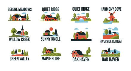 Fototapeta premium Charming, vibrant village scenes in warm orange, green, and blue hues, showcasing scalable, clean-lined houses and natural elements for idyllic community branding and real estate