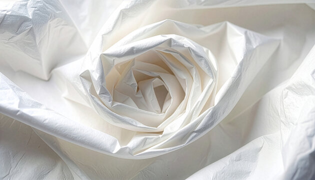 Abstract white crumpled plastic material spiraling into a rose flower shape with soft shadows and high detail texture background