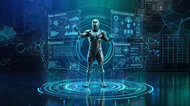 Futuristic cyborg silhouette standing before digital interface with data visualization and cybernetic