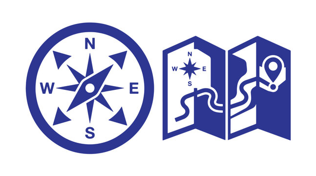 Navigation compass and folded paper map graphic icon with navigation location direction cartography adventure orientation graphics discovery exploration wayfinding