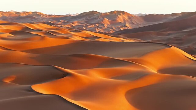 Aerial view of the rolling golden sand dunes at sunset in the Kumtag Desert, Xinjiang, China.