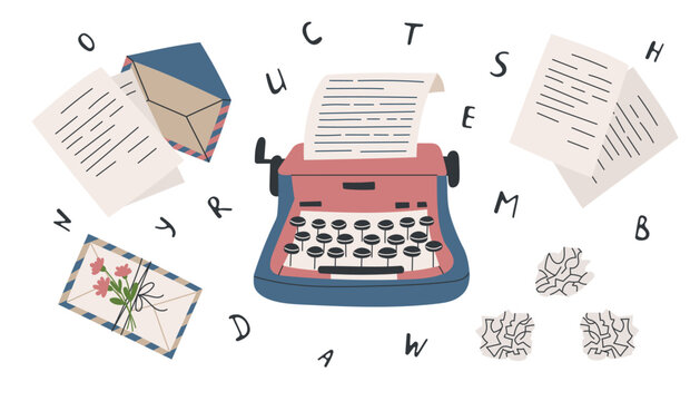 Vintage typewriter and letter writing illustration set. Vector background in a flat style.
