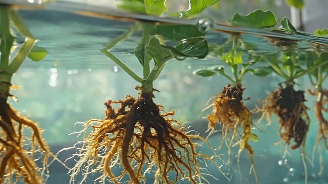 Young green plants growing in a clear water container for hydroponic cultivation