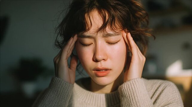 Young Woman Suffering from Headache at Home. - Stress and Wellness Concept.