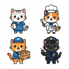 Fototapeta premium Cute cartoon cat characters in various job uniforms including doctor chef delivery and police officer vector illustrations