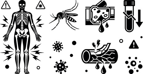 Fototapeta premium Dengue Fever Disease and Mosquito Borne Virus Vector Icon Set Featuring Skeletal Body Pain, Low Platelet Count Test Tube, and Hemorrhagic Internal Bleeding Risk Graphics