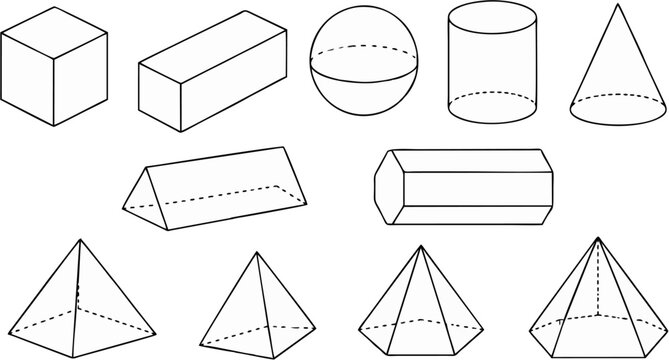 Outline Collection of Common Three Dimensional Geometric Shapes Vector Illustration