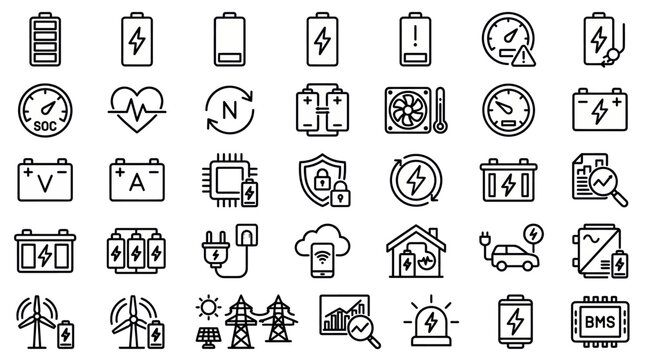 Collection of battery and power related icons and symbols in line style