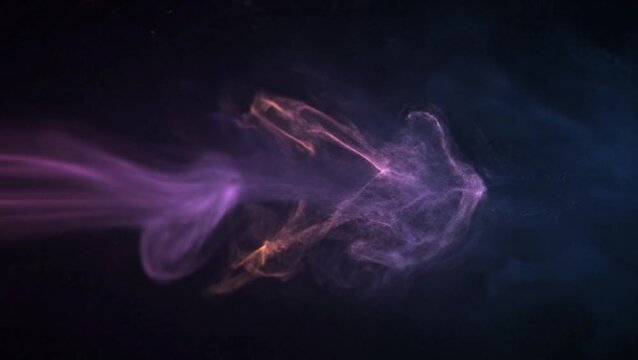 Vibrant purple and orange smoke swirls dance across a dark background