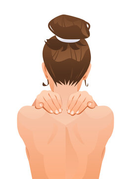 Woman self-massage relaxation back view healthy skin care body wellness spa concept minimal white background