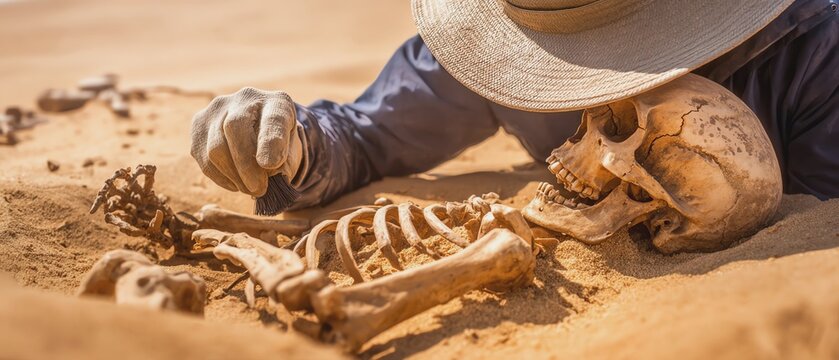 Archaeologist examining ancient skeleton remains.
