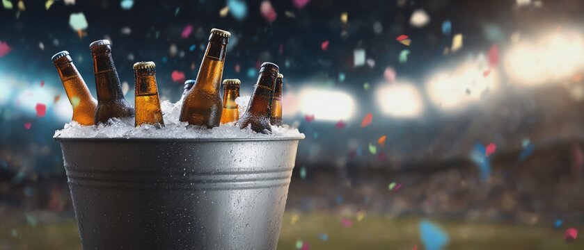 Chilled beer bottles in ice at a celebration.