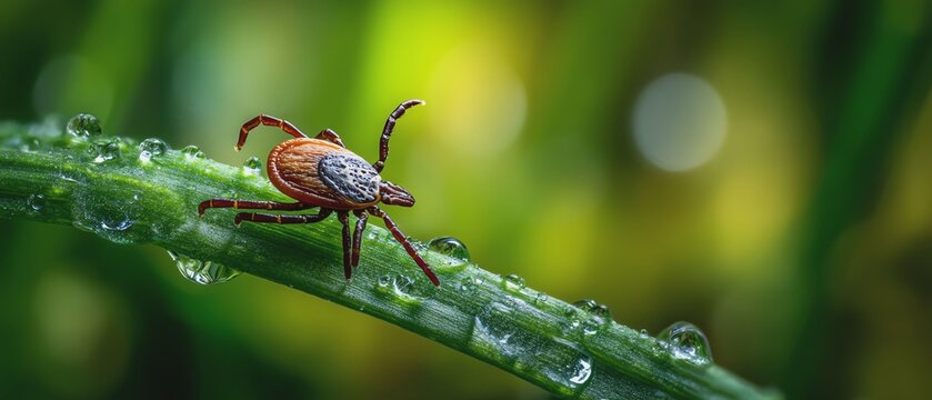 Close-up of a tick on a green grass blade.