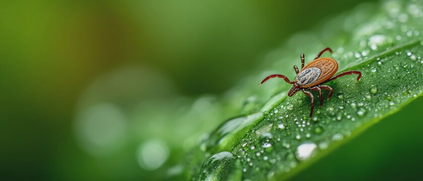 Close-up of tick on a wet leaf with droplets.
