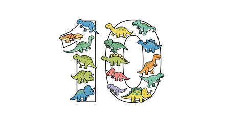 Number ten composed of various colorful cartoon dinosaurs © Syahrul
