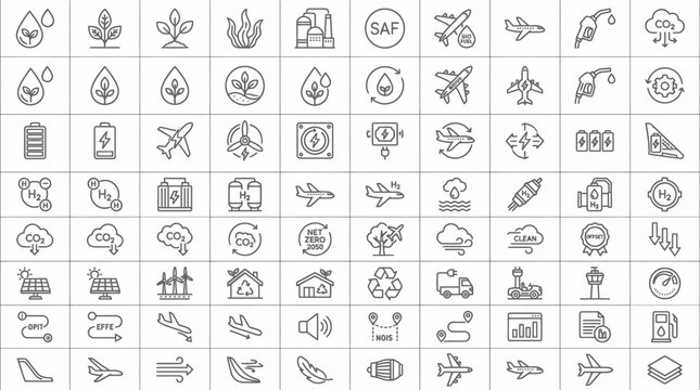 Sustainable aviation icons set for eco friendly travel and green energy solutions