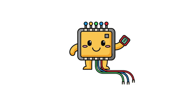 Friendly computer processor character with colorful connection wires