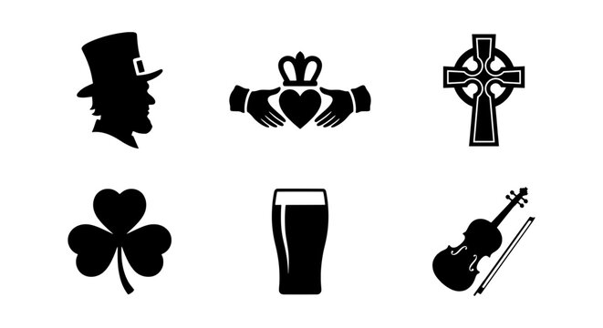 Irish Symbols Vector Icons: Leprechaun, Claddagh, Celtic Cross, Shamrock, Beer, Violin