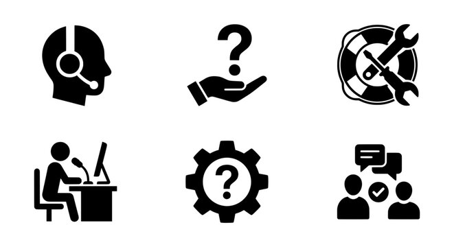 Support Icons: Customer Service, Help, FAQ, Assistance, Solutions, Business Icons