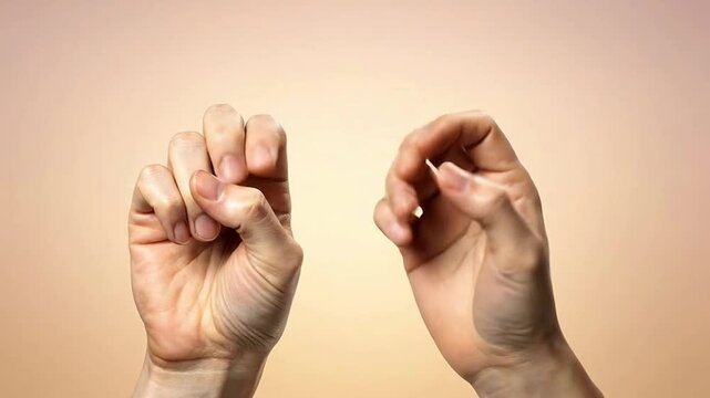 Close-up of Hands Showing Peace and Okay Gesture Against Neutral Background