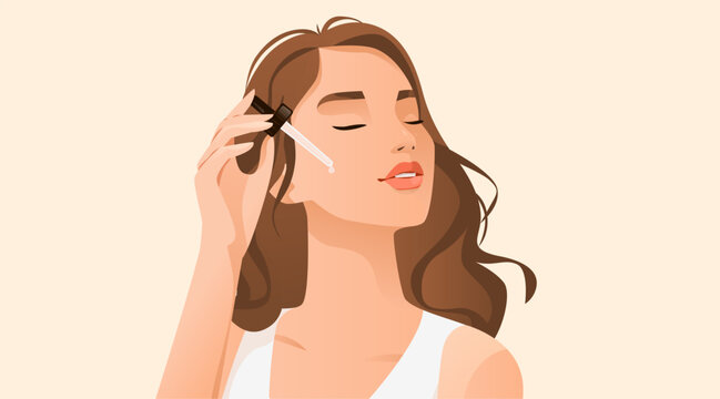 Woman applying facial serum skincare routine beauty wellness self-care concept dropper bottle closed eyes healthy glowing skin neutral background