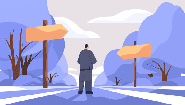 Businessman decision making crossroads concept man standing at forked road with blank direction signs trees and clouds abstract landscape flat design