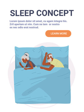 Elderly couple sleeping bed night routine bedroom blue bedding flat cartoon style web banner