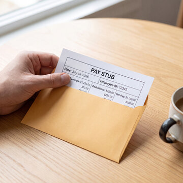 Hand pulling a pay stub showing earnings and deductions from a kraft envelope
