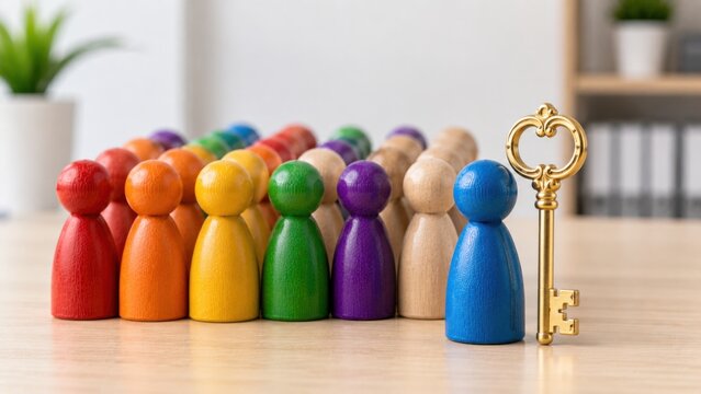 Colorful people figures and golden key on table representing success and solutions in business.
