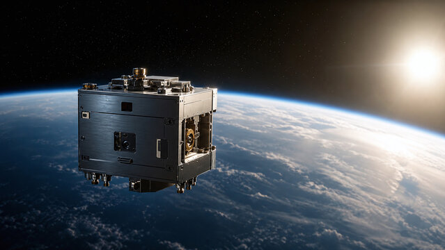 Compact factory satellite orbiting Earth in sunlight