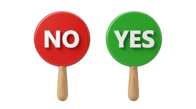 Red no and green yes signs on wooden handles isolated on transparent background