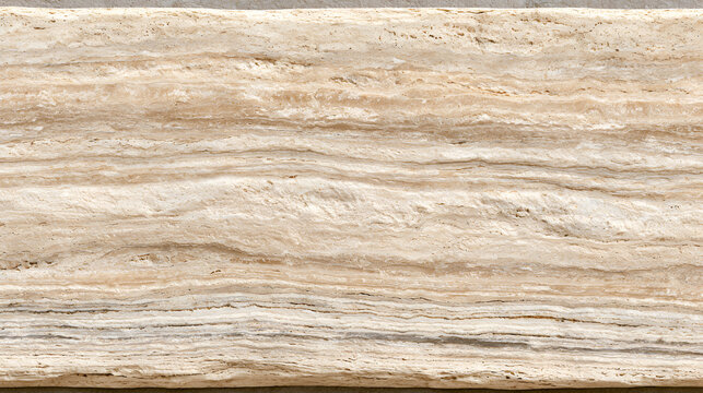 Travertine stone wall surface showing natural beige and brown patterns, a horizontal rock background displaying fossilized layers and rough organic texture