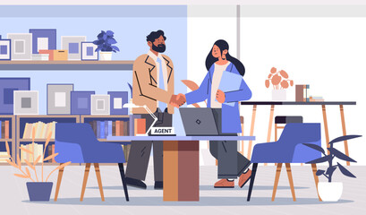 Business meeting handshake agreement office partnership diverse professionals modern workspace laptop bookshelves plants contemporary interior © mast3r