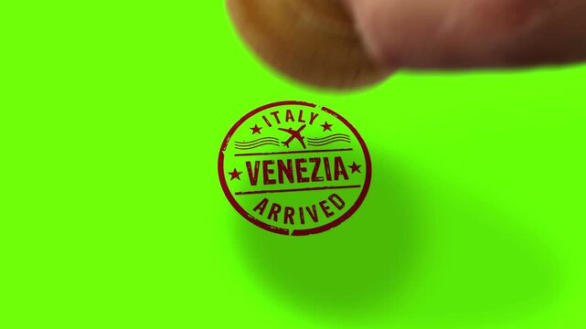 Venezia Venice Italy arrived stamp and hand stamping impact isolated animation. Flight arrival 3D concept. Alpha matte channel.