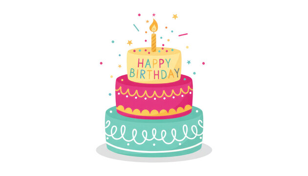 Colorful birthday cake illustration, happy birthday text with candles and confetti, festive party dessert on white