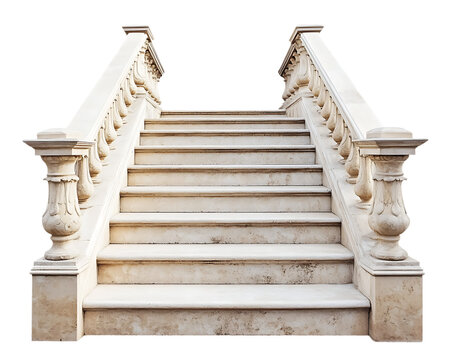 Classic stone staircase with elegant balustrades isolated on transparent background